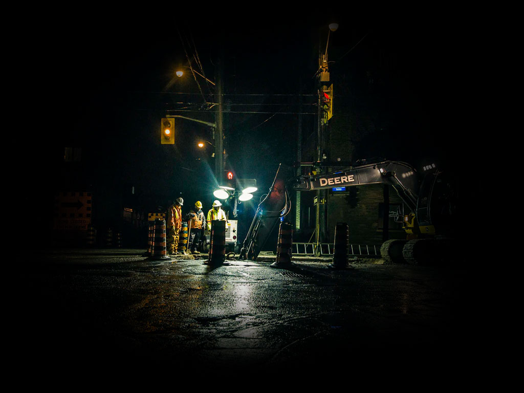 Construction crew working at night
